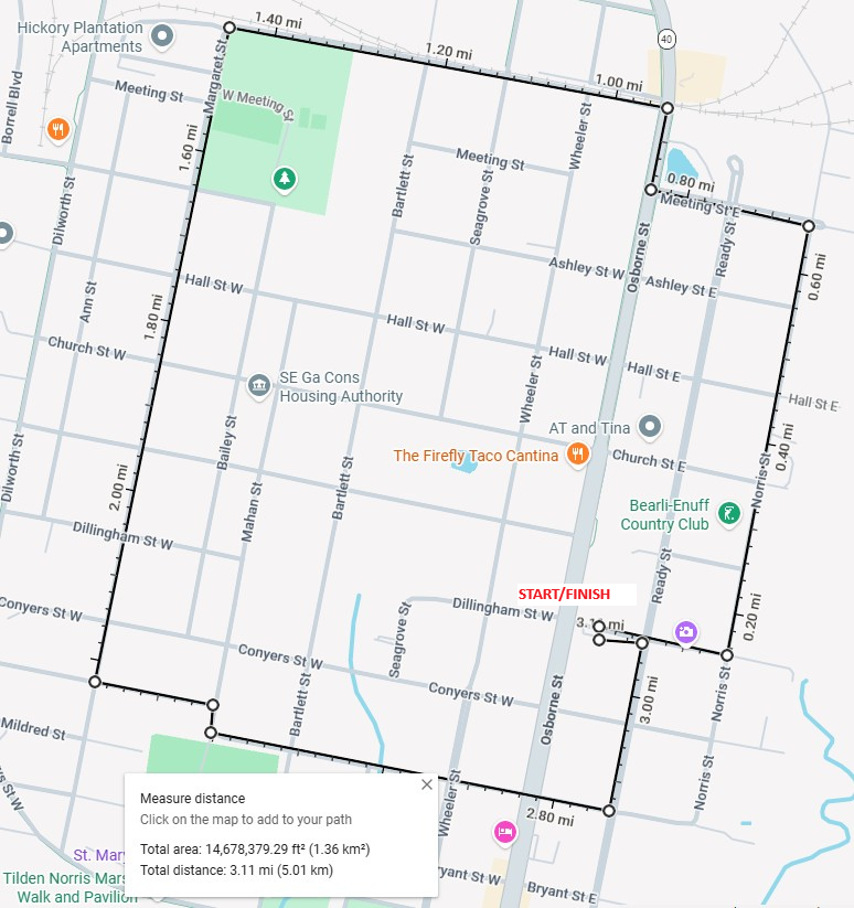 Standing Watch 5K course map through downtown St. Marys, Georgia, beginning and ending near 418 Osborne Street.