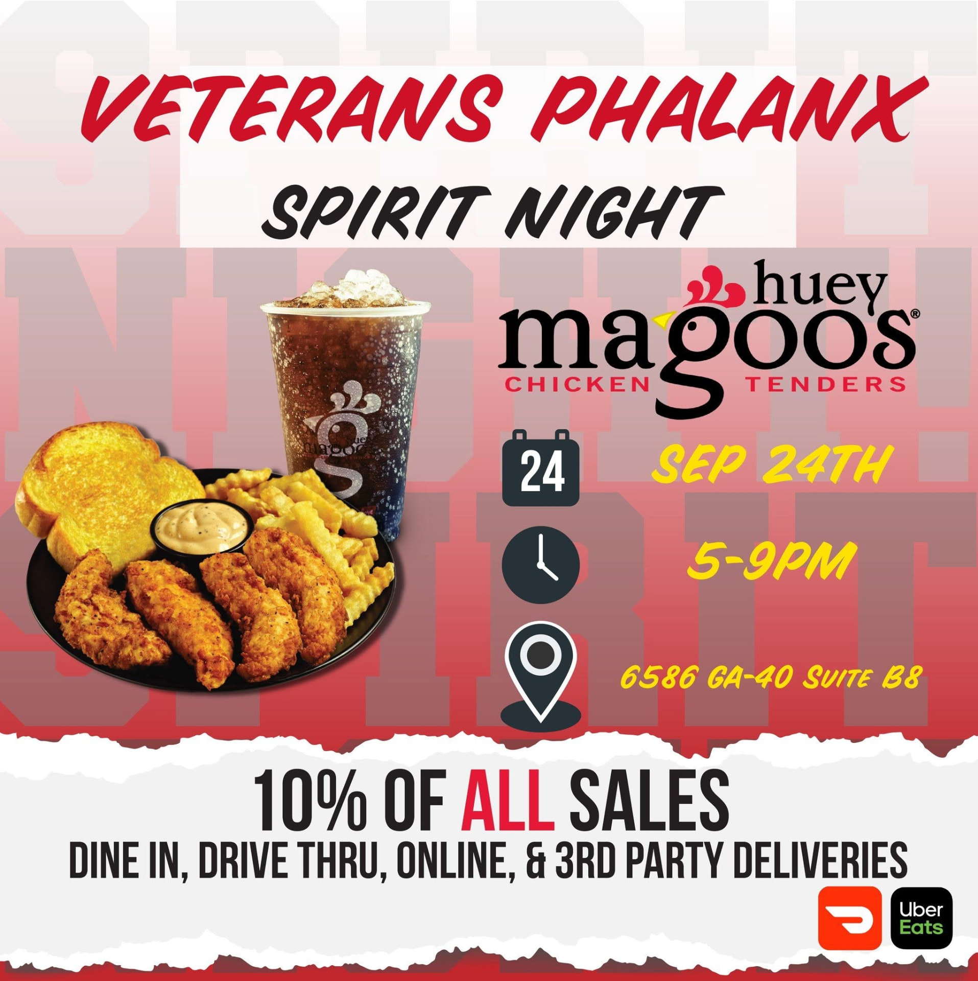 Veterans Phalanx Spirit Night at Huey Magoo's on September 24 from 5–9 PM, with 10% of all sales supporting The Veterans Phalanx.