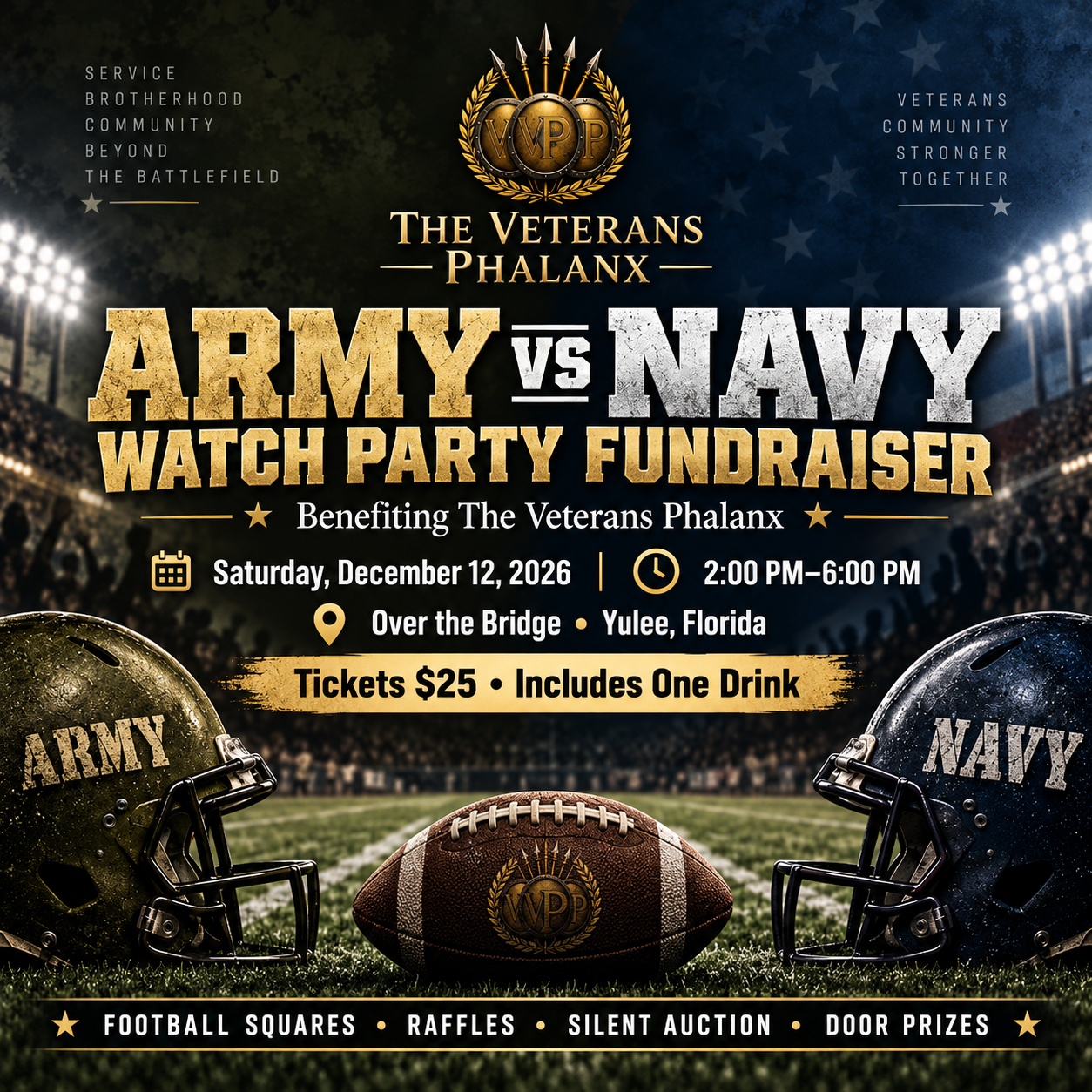 Army vs. Navy Watch Party Fundraiser banner for The Veterans Phalanx on Saturday, December 12, 2026, 2:00 PM–6:00 PM at Over the Bridge in Yulee, Florida. Tickets $25, includes one drink.